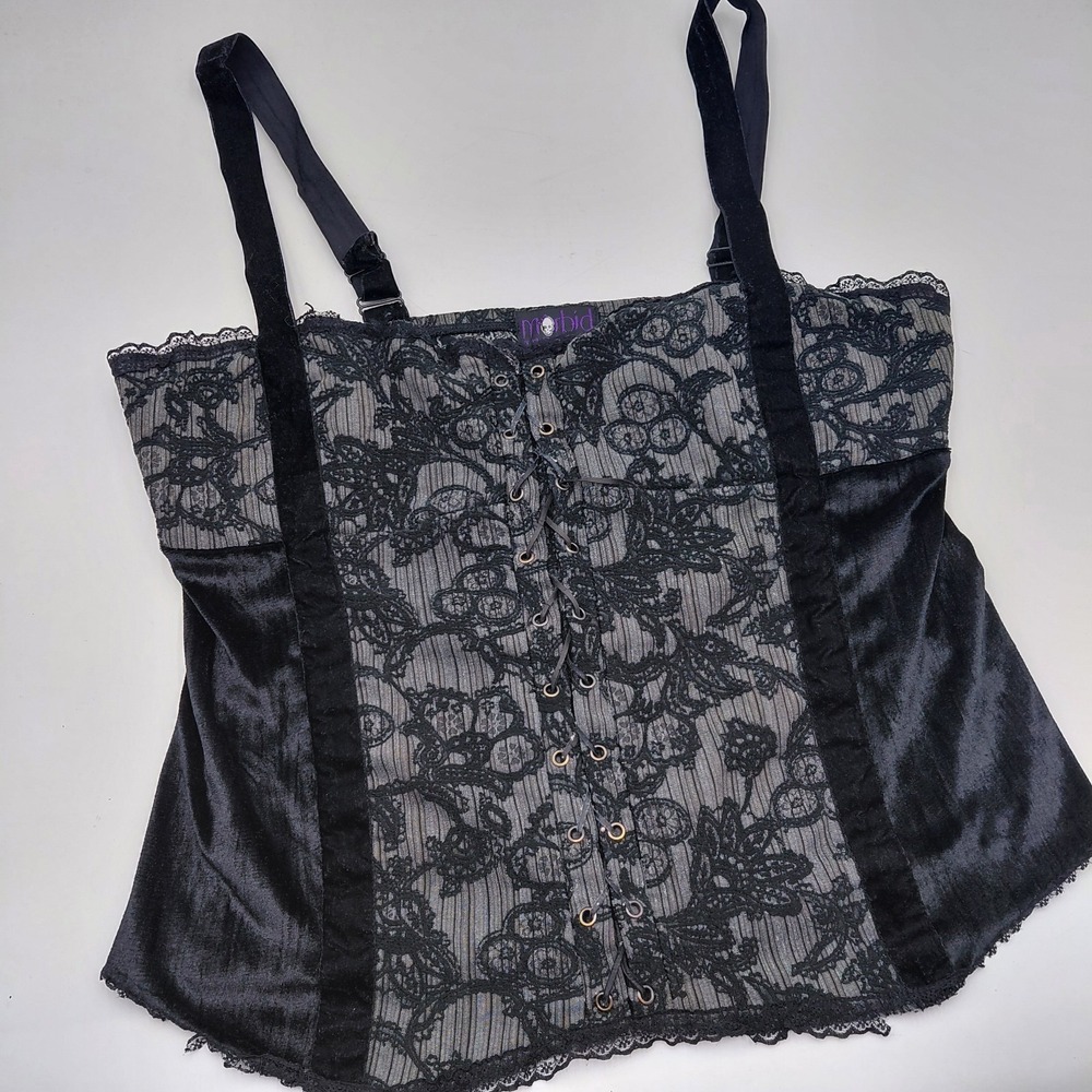 Vtg Morbid Threads Corset Top Womens XL Black Lace Up Gothic Bustier 90s Damaged